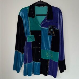 Vintage Velvet Patchwork Embroidered Beaded Button Up Whimsical Retro Blouse